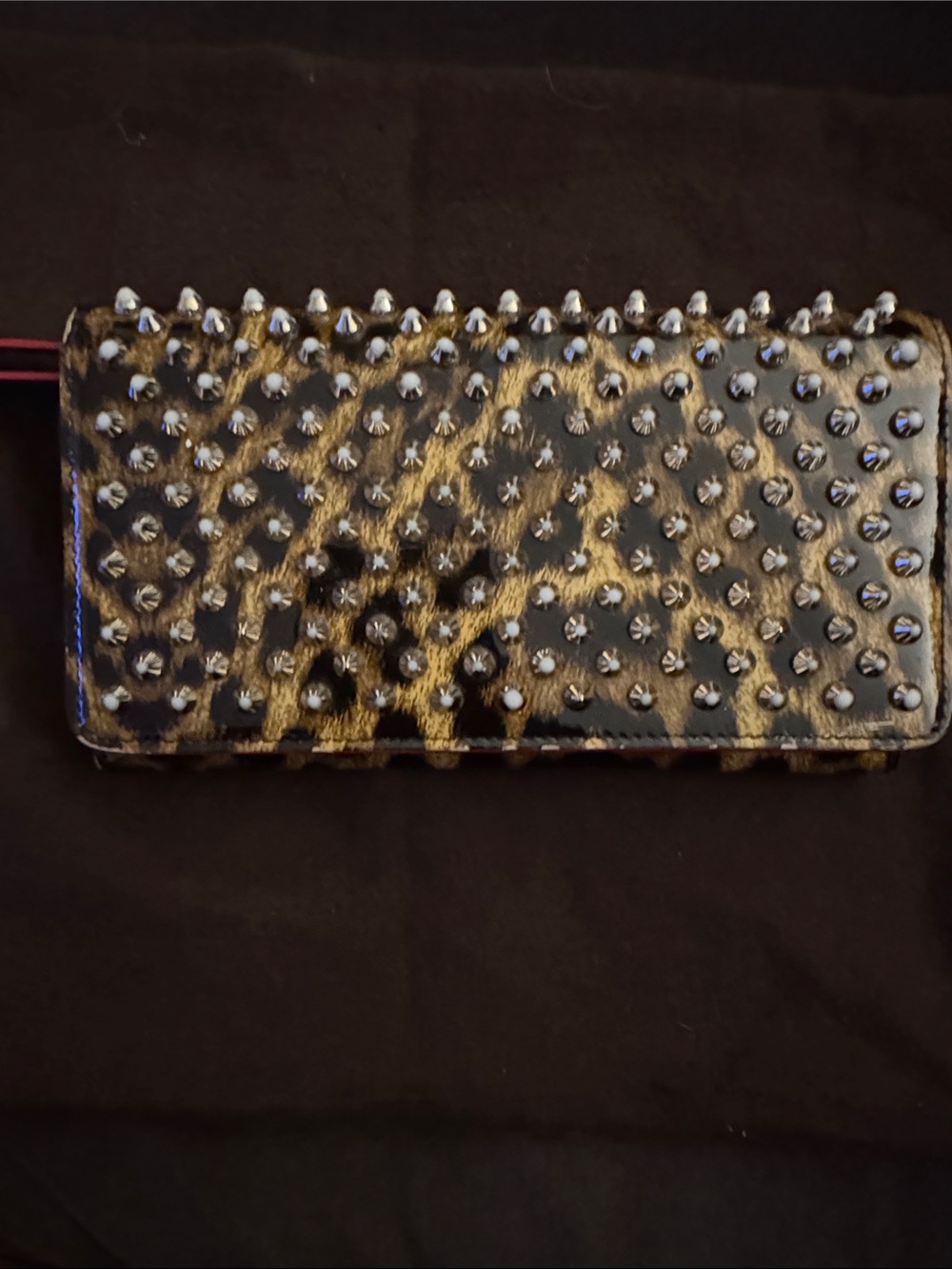 Christian Louboutin Leopard Print Studded Phone Wallet in Black and Gold